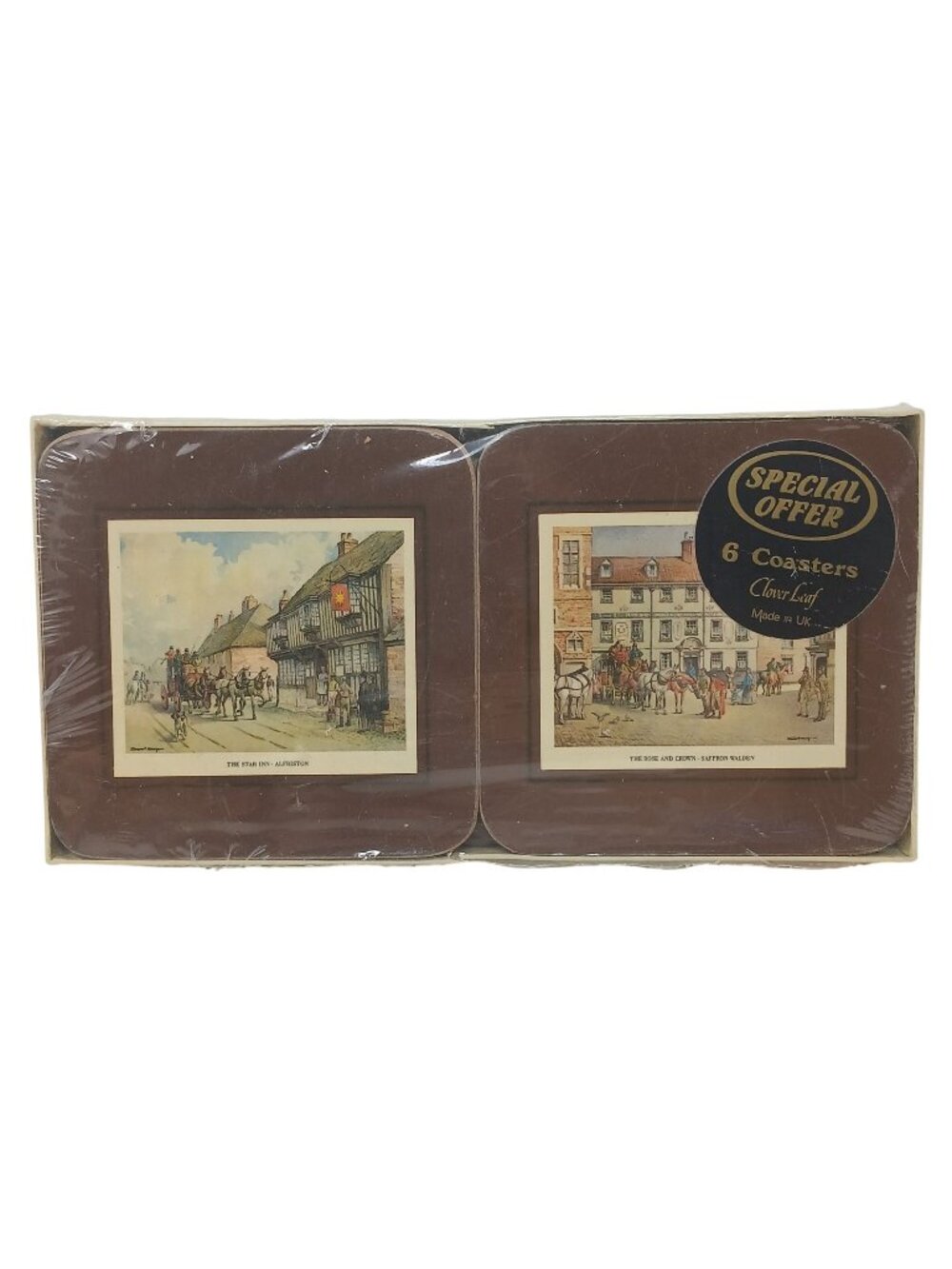 6 VTG Clover Leaf Table Mats Coasters Old Coaching English Scenes Unopened Box D
